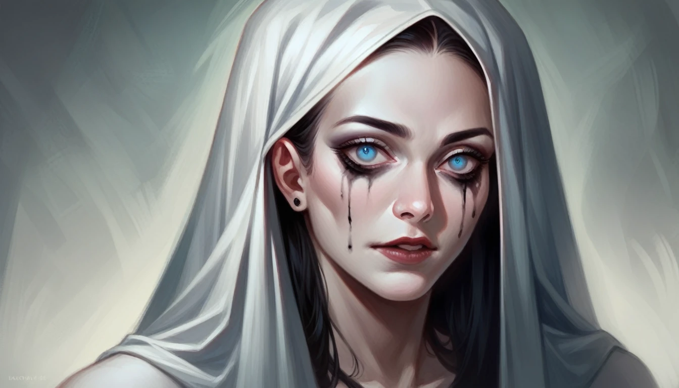 ((masterpiece)), Ultra-realistic, Portrait of a beautiful pale skinned vampire (Black enamel), Heavy makeup, Bright Blue Eyes, In a dark and gloomy environment. (Prompt is in Portuguese)、Religious painting style
