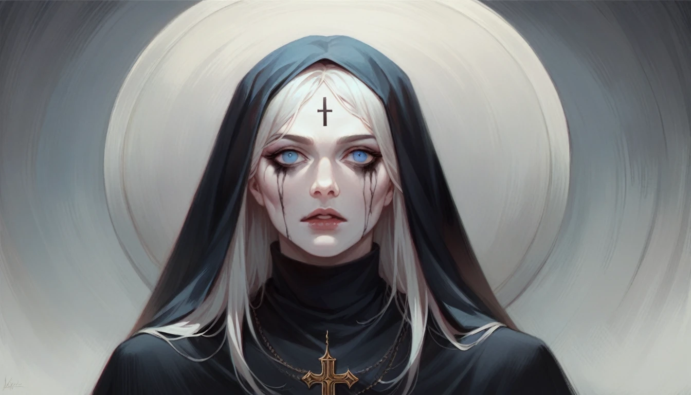 ((masterpiece)), Ultra-realistic, Portrait of a beautiful pale skinned vampire (Black enamel), Heavy makeup, Bright Blue Eyes, In a dark and gloomy environment. (Prompt is in Portuguese)、Religious painting style