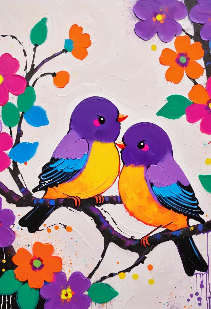 (((Colorful black，Oil stick painting，Volume，Thick coating，Uneven texture，Plaster texture，Children's graffiti)))，Painting of two birds sitting on a branch with flowers, Bright colors的鸟, Purple and, cute的, Bright colors，cute, (((High Saturation)))