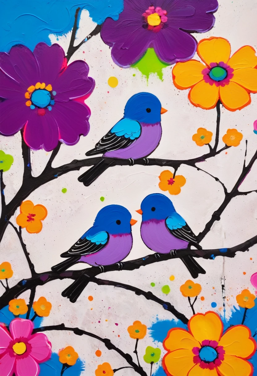 (((Colorful black，Oil stick painting，Volume，Thick coating，Uneven texture，Plaster texture，Children's graffiti)))，Painting of two birds sitting on a branch with flowers, Bright colors的鸟, Purple and, cute的, Bright colors，cute, (((High Saturation)))