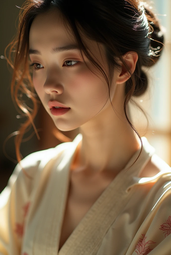 An elegantly dressed Japanese woman in natural light、A close-up of her chest and calm expression.、It shows her inner peace and outer charm.。