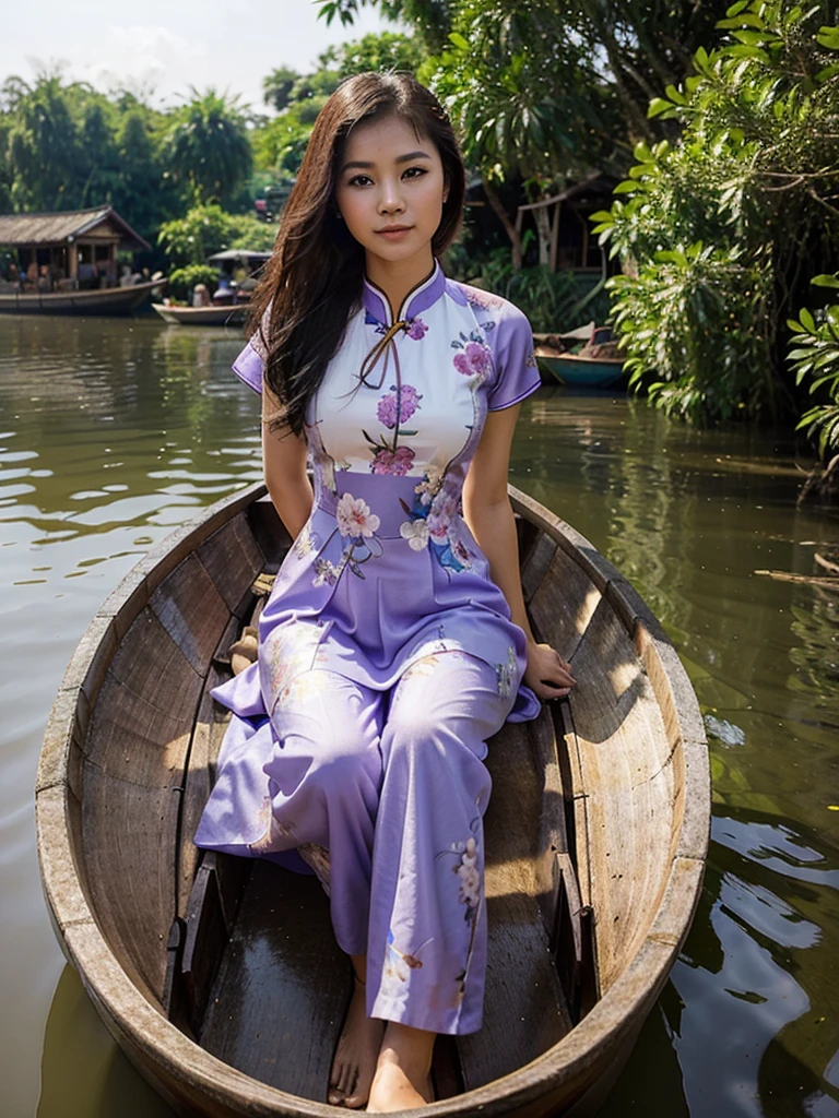 A radiant 22-year-old woman with a charming face is sitting on a traditional Vietnamese boat, dressed in a purple floral ao dai. The sunlight reflects off the water, casting a serene glow on her. The location is the Mekong Delta, and her pose is graceful and poised.