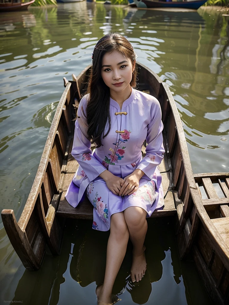 A radiant 22-year-old woman with a charming face is sitting on a traditional Vietnamese boat, dressed in a purple floral ao dai. The sunlight reflects off the water, casting a serene glow on her. The location is the Mekong Delta, and her pose is graceful and poised.