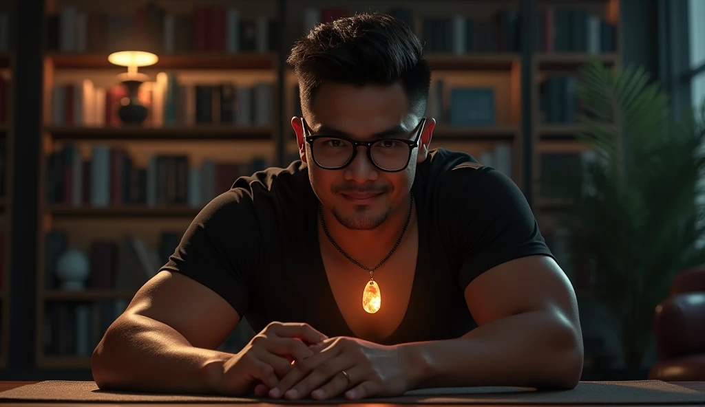 nsfw, best quality, masterpiece, extremely detailed, masculine, sexy, homoerotic, 25 year old bruneian malay man, wearing glasses, round face with chubby cheeks, muscular build, very cheeky smile, fitted clothes, glowing quartz crystal pendant, bends forward and leaning elbows on a table, round bubble butt, in library, side view, afterhours, lights off, at midnight, cinematic shadows, dreamy atmosphere, perfect face, perfect hands, perfection
