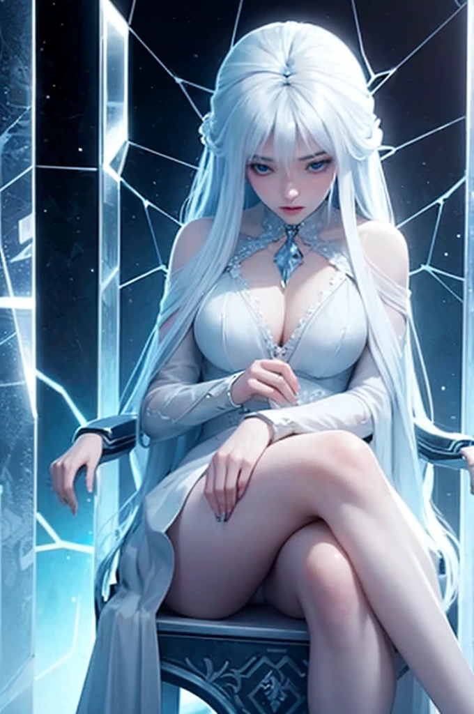 A pale, ethereal woman with long, straight black hair sits on an ice throne, surrounded by a crystal blue castle. His icy blue eyes convey a sense of coldness and introspection, while his posture is rigid and imposing. She wears a deep blue dress with silver details, reflecting the soft light around her. Snowflakes gently fall into the scene, creating an atmosphere of mystery and power in a high-definition fantasy digital art style."