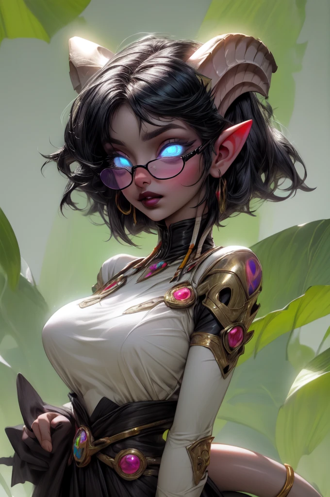 masterpiece, best quality, 1girl, solo, draenei, glowing eyes, colored sclera, tail ornament, hooves, white skin, blue eyes, black hair, shiny silver pouty lips, (tentacle hair:0.8), close-up, upper body, hair ornament, plump and large breasts, shiny skin, shiny silver lipstick, glasses, bob hair cut, fantasy, magic, psy powers, slutty dress