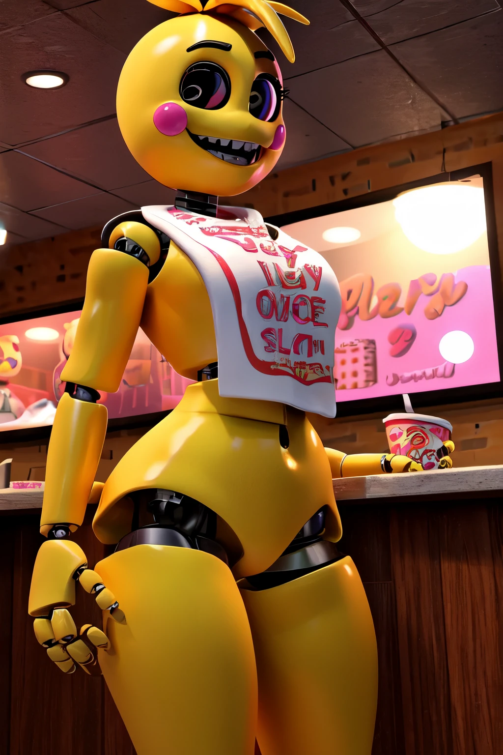 (Masterpiece, Better quality), [Toy chica: FNAF], Beautiful face, ((beautiful 3d art)), (animatronic, Yellow, sexy metalic, Pink short, bib), [background: pizzeria], Slut pose, pervert look, big chest, slim body, ((solo portrait)), ((detailed shading)), no mouth, (full body), void eyes, perfect ass