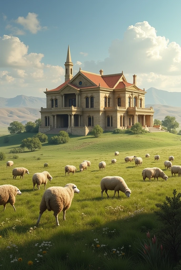 Draw a large house from ancient Israel, which is surrounded by a large meadow with sheep