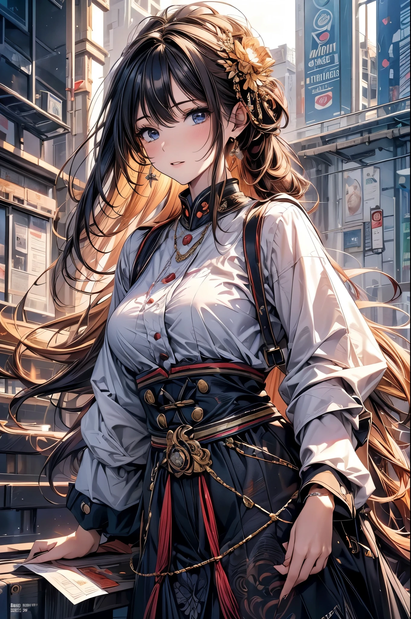 (original photo, best quality), (Practical, photo-Practical:1.3),best quality,Very detailed,masterpiece,Super detailed,illustration,1 Girl,superior_Body,Dynamic Angle,world masterpiece theater,messy_long_hair,best quality,Extremely detailed CG Unity 8K wallpaper,ink,Astonishing,Movie Lighting,lens_Flare, Dunhuang_style, (magazine:1.35) (cover-style:1.3)