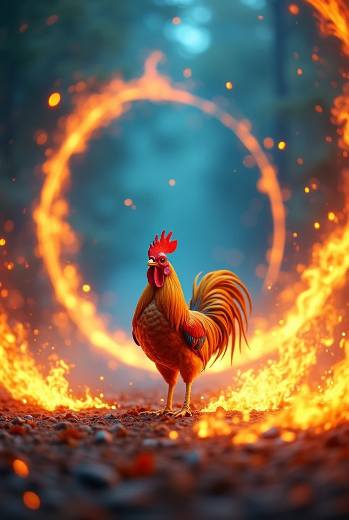 Blue background with gold, flames of fire and Fire Hoop With a small rooster in the center