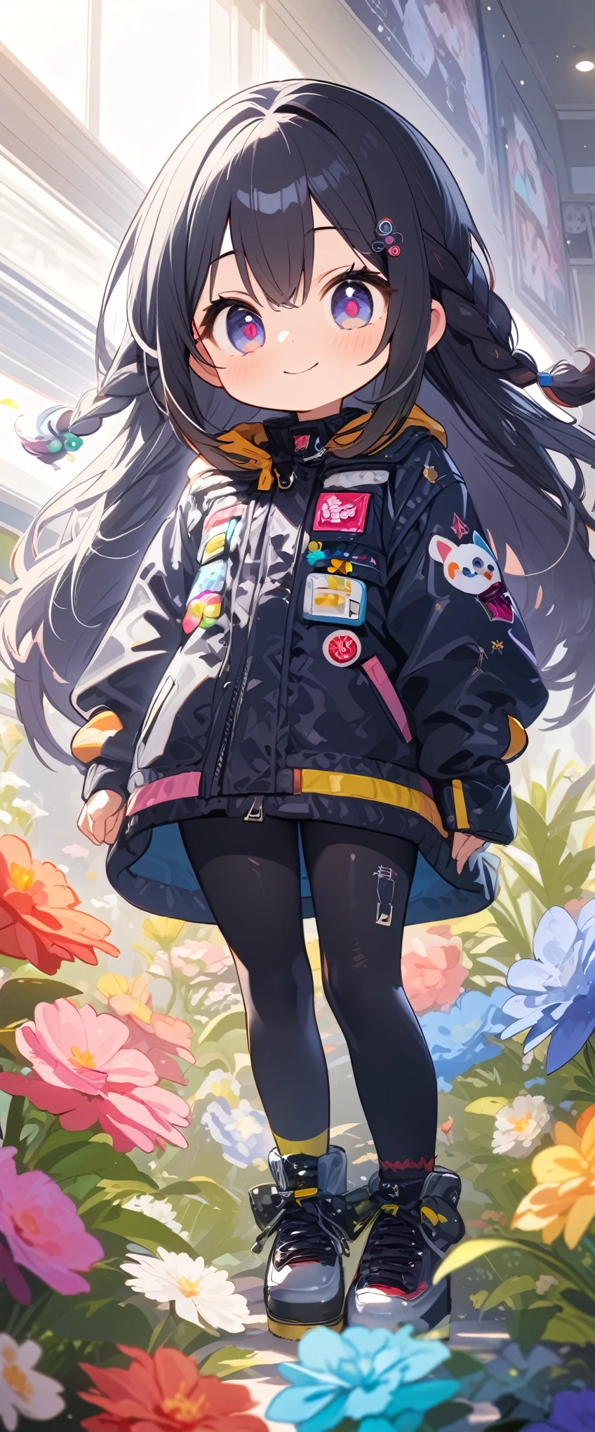 
quality\(masterpiece, best quality,8k,wallpaper of extremely detailed CG unit,hight resolution,top-quality,top-quality real texture skin,hyper realisitic,increase the resolution,RAW photos,best qualtiy,highly detailed,the wallpaper\), BREAK ,1girl\(chibi,super cute, adorable, kawaii,small kid,5 years old,chibi,big smile,cute smile,wearing jacket\(leather\(very detailed\),(black:1.3),(((very big))),too big,smooth, shiny\),weaing only jacket,full body,big eyes,cosmic eyes,long hair\(cosmic hair,braid hair,\)\), BREAK ,background\(at fashion studio,flowers\((black:1.3),many kinds of flowers,beautiful\),best lighting,\),flom below