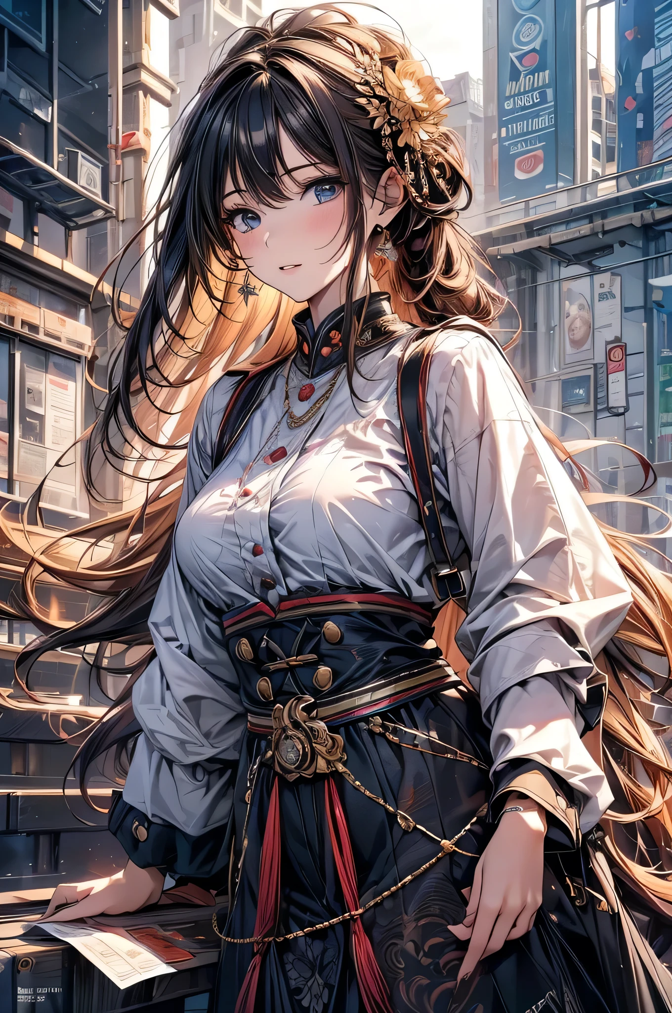 (original photo, best quality), (Practical, photo-Practical:1.3),best quality,Very detailed,masterpiece,Super detailed,illustration,1 Girl,superior_Body,Dynamic Angle,world masterpiece theater,messy_long_hair,best quality,Extremely detailed CG Unity 8K wallpaper,ink,Astonishing,Movie Lighting,lens_Flare, Dunhuang_style, (magazine:1.35) (cover-style:1.3)