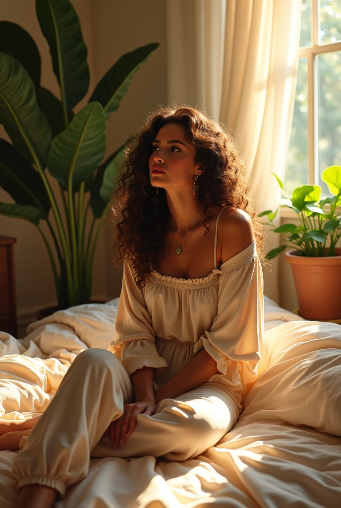 (photorealism:1.2), beautiful woman, sitting on bed, wearing loose off-shoulder top, pajama pants, long curly hair, indoors, soft lighting, plants in background, window with sunlight, cozy room, relaxed pose, realistic, intricate details, warm colors, by Greg Rutkowski, by Alphonse Mucha