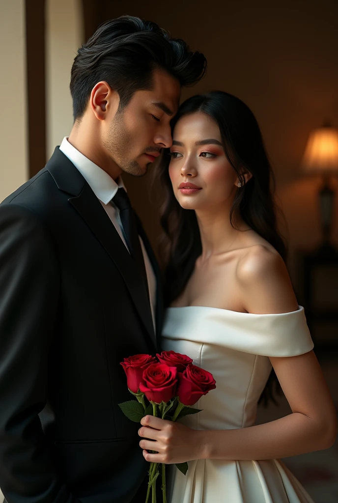 Modern. Not wear. Elegant couple, masculie man (mature) and beautiful girl. Dark hair color. Very deatiled face. pretty eyes (perfect eyes). 8K resolution. Masterpiece. the man in a dark suit with the a serious expression, adjusts his tie. the women in a an off shoulder white dress, hold a small bouquet of red roses,looking thoughtful. the mood is a romantic with touch of tension, highlighted by their elegant appearance and the daramatic backdrop