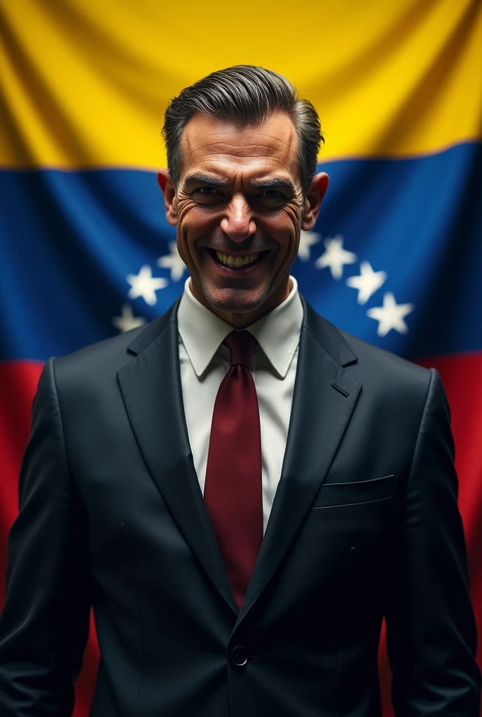 Man in suit with scary smile, and in the background the flag of Venezuela