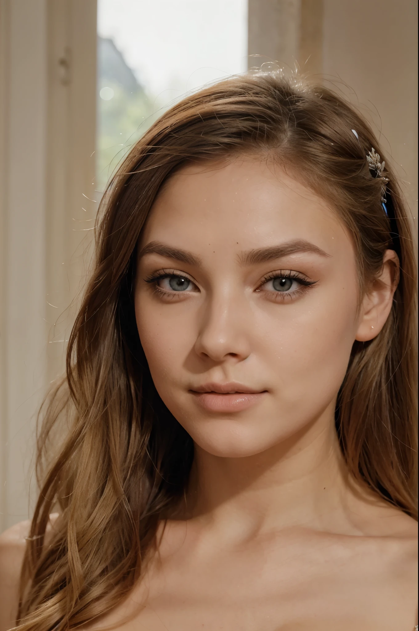 je veux: un visage humain réaliste a 100% du sexe féminin, avec des cheveux blond lisse, les yeux légèrement asiatique de couleur châtain, des sourcils normaux, un bouche pulpeuse avec une dentition droite et blanche, un nez droit et de taille moyenne, un peu de maquillage notamment du mascara sur ses yeux. Je voudrais que le visage ne soit pas zoomer et que l'on puisse voir ses épaules