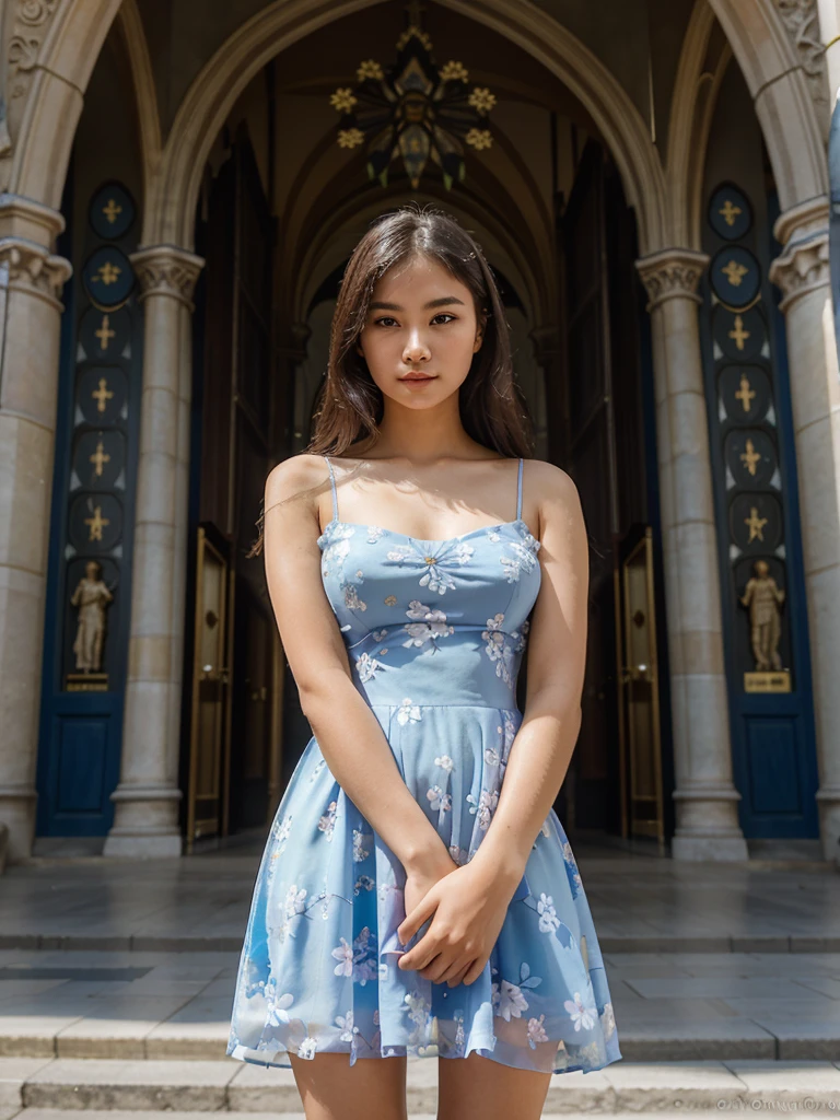 A beautiful 22-year-old woman with an elegant face is standing by the Notre-Dame Cathedral Basilica of Saigon, wearing a blue floral dress. The sunlight highlights her delicate features, and her confident pose exudes charm and sophistication.