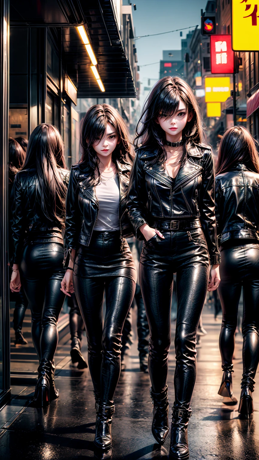 Girls in black leather jackets、Walking stylishly in a group、Pedestrians giving way
