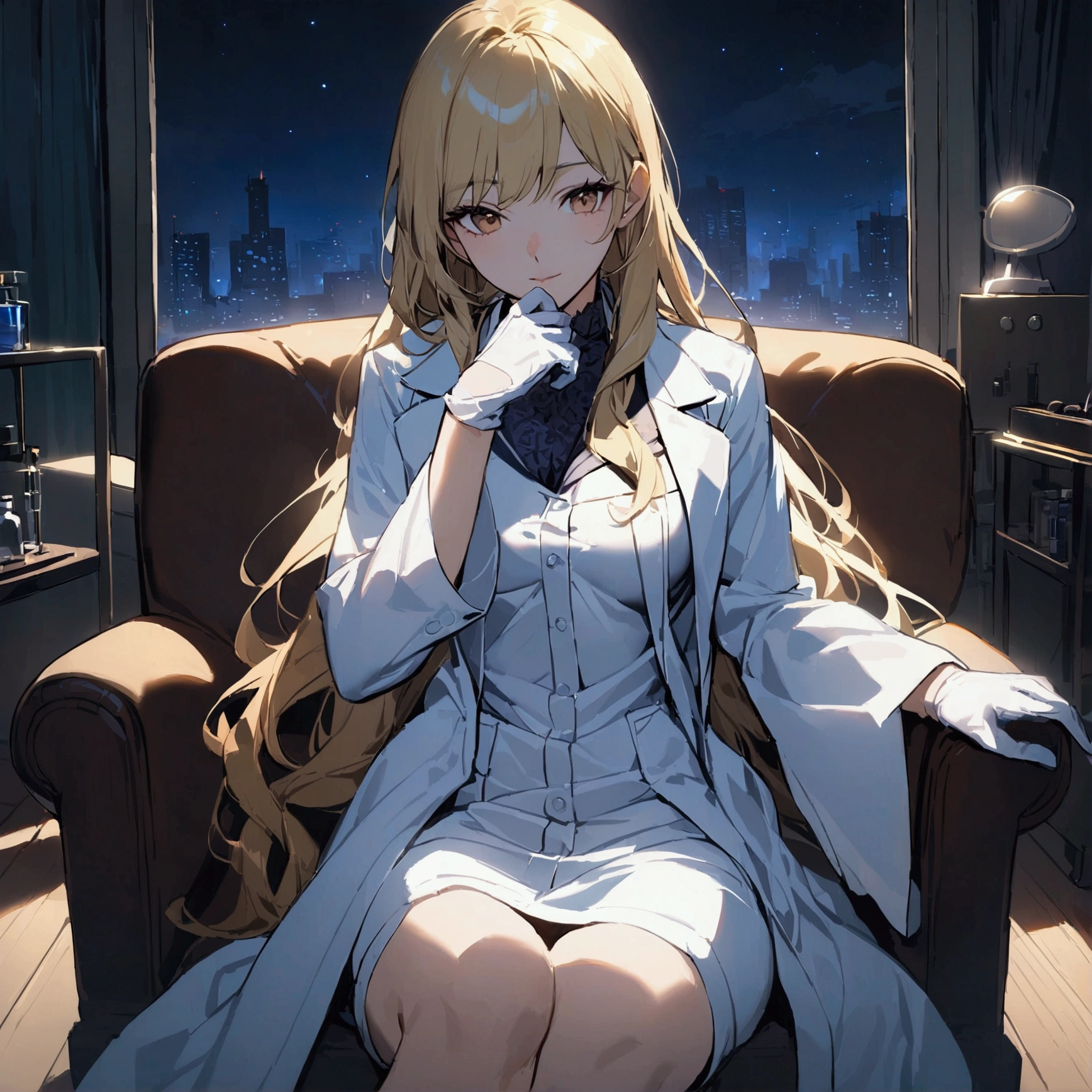 Living room background, night time, Lab coat, surgical gloves, long hair, 1woman, blond hair, shining hair, sitting on couch. Medium breast, facing viewer.