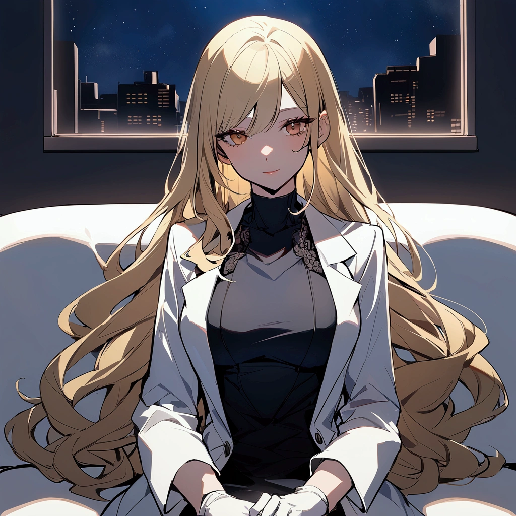 Living room background, night time, Lab coat, surgical gloves, long hair, 1woman, blond hair, shining hair, sitting on couch. Medium breast, facing viewer.