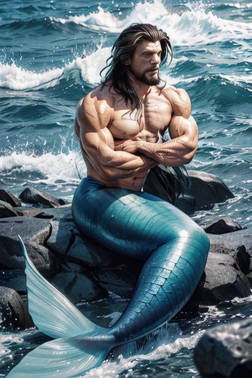 muscle male mermaid, merman, muscles, male bodybuilder, blue mermaid tails, black long beard, black long hair, laying on rock, lie, water magic, water, high water wave, water twister, rocks, wallpaper