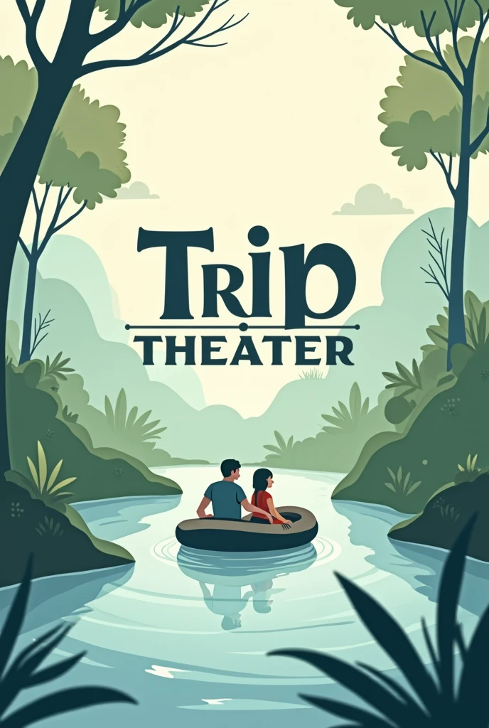The background is an illustration of a cute raft trip.、A stylish monotone logo with the Trip Theater lettering all in the center.。