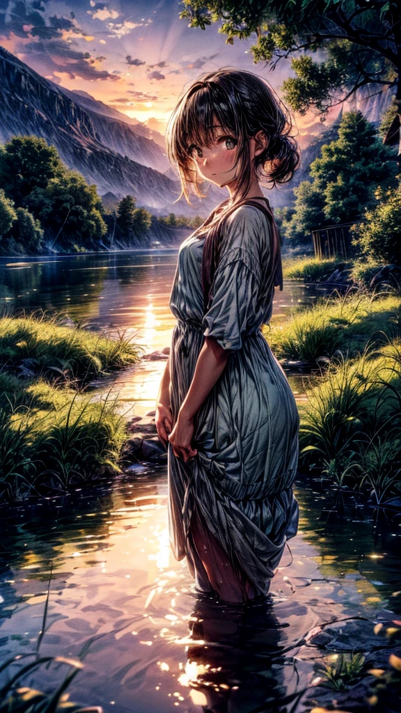 Create an image of an extremely serene and calming landscape that evokes a sense of peace and tranquility. Imagine a vast, ethereal meadow bathed in the soft glow of a setting sun, with gentle golden light filtering through tall, swaying grasses. In the background, there are distant, mist-covered mountains with a tranquil lake reflecting the soft pink and orange hues of the sky. Add delicate wildflowers scattered across the meadow, with a gentle breeze causing them to sway ever so slightly. The atmosphere should feel warm and welcoming, with a sense of endless space and freedom, inviting the viewer to take a deep breath and let go of all worries. The sky is adorned with pastel clouds, slowly drifting, while a few birds glide effortlessly through the air. The overall color palette should be soft and muted, with harmonious tones that create a dreamlike, peaceful ambiance.