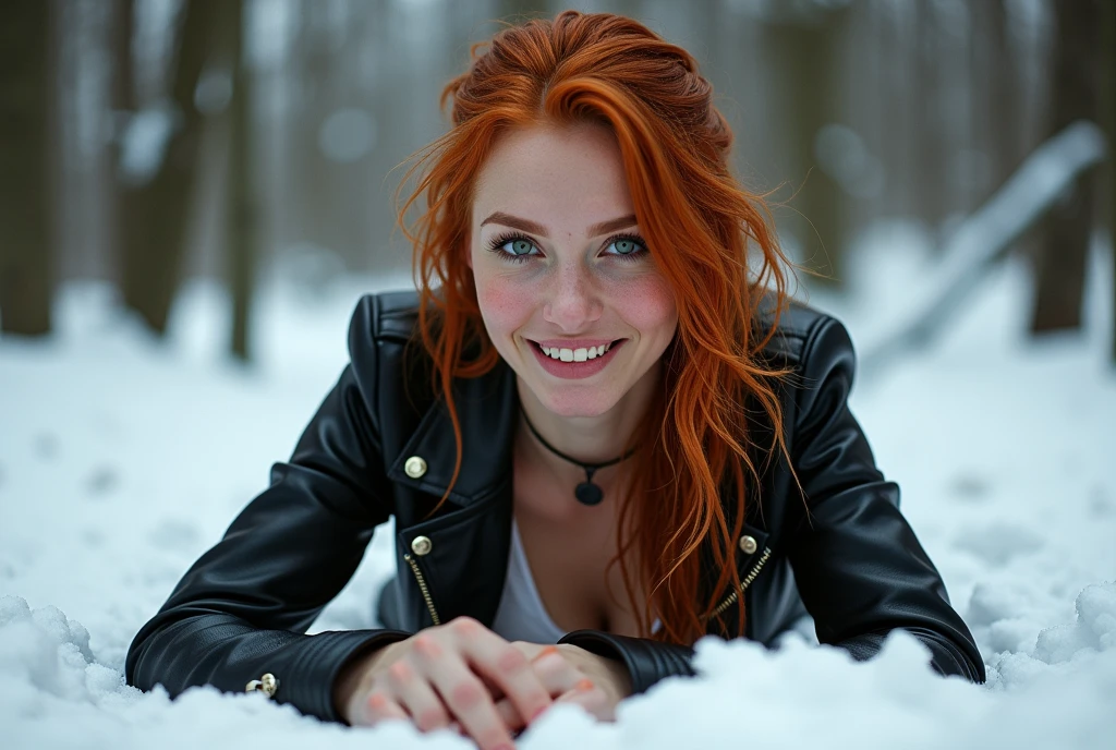 ultra realistic and detailed tir all body of a captivating sublime woman in Black Leather Jacket, sublime femme rousse heureuse et rayonnante,  Corps envoûtant et sensuel, Bella Thorne, allongée sur le sol dans la neige, ((couché sur la neige)), dans une forêt enneigée, ((sur la neige face au spectateur)), femme heureuse et rayonnante allongée, plan très large, photo prise de loin en hauteur, longs Cheveux roux mouillés très longs, foncés et en désordre, cheveux roux très détaillés, détails fractals, mouillé, froid et frissonnant, étaler, Tight mouillé torn white Dress, décolleté profond, photo sur tout le corps, plan large, angle de la blouse, seins naturels énormes, Focus sur le décolleté, sublime yeux verts électriques parfaits, collier en cuir, yeux verts électriques,( cordes noires tressées tout autour d'elle et dessine des forme fractales), regarder la caméra, hiver, couché deep on snow, regarder intense vers la caméra, Éclairage dramatique,