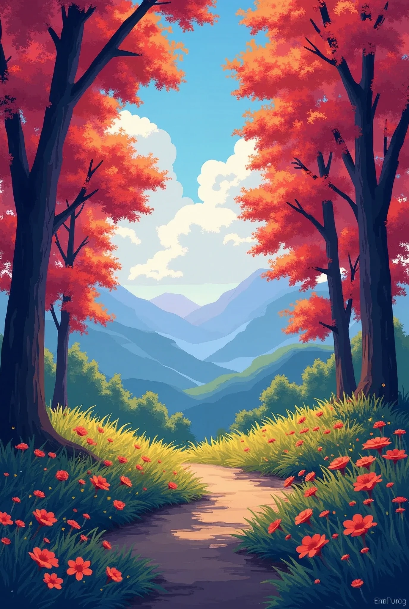 In the midst of colorful nature、Some trees々It is expressed like a pixel.、Exciting background images