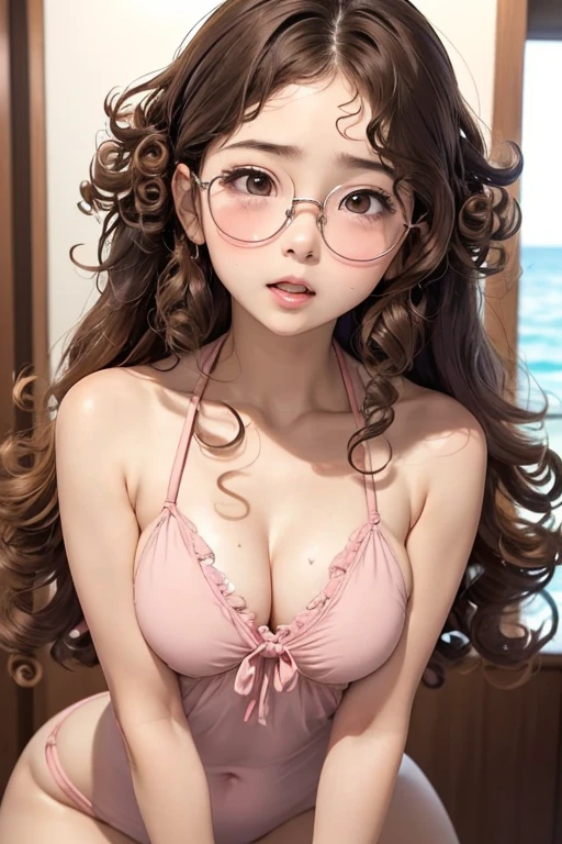 1 female,Brown Hair, ,((Anxious expression)),Small breasts、Small breasts,Small breasts、One piece swimsuit、stylish,,(look forward to)(((blush、Surprised expression)),(((Curly Hair、Long Hair))),Frameless Glasses