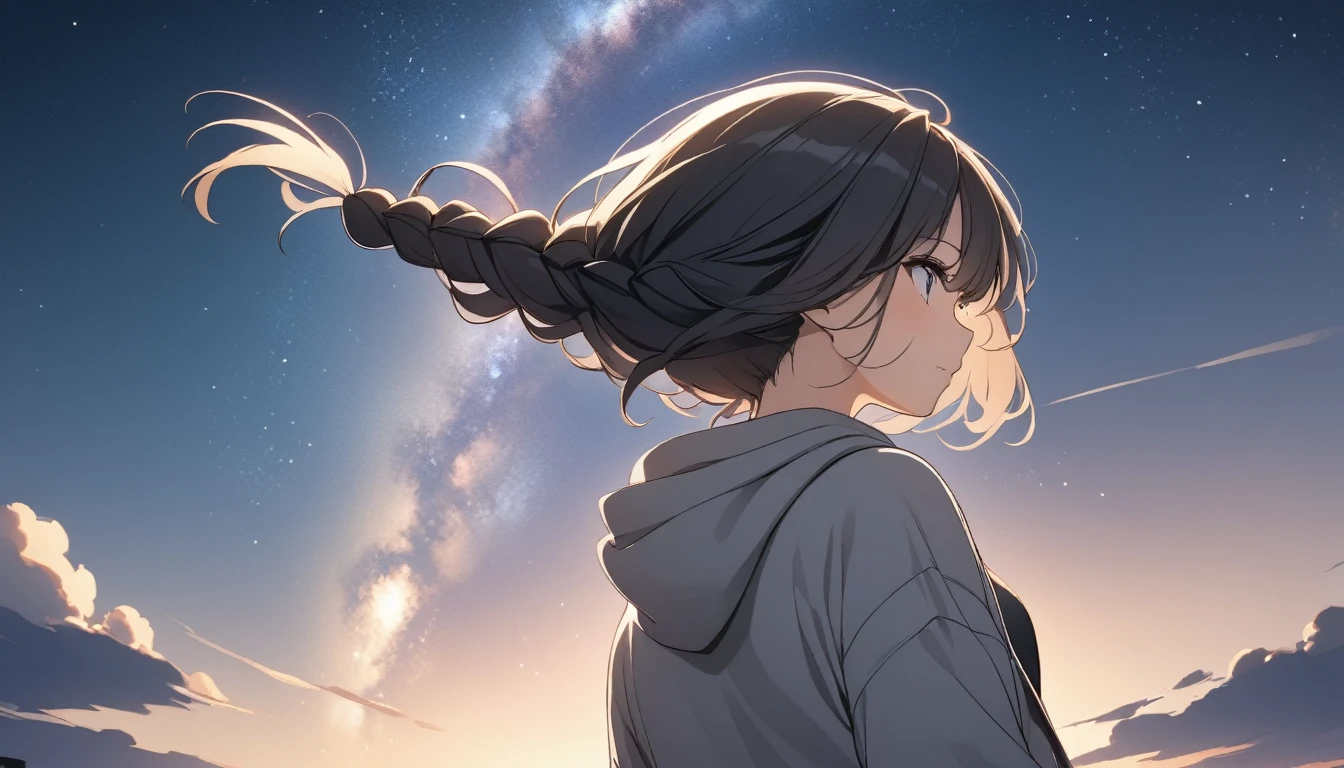 Starry Sky、milky way、One woman、Black Hair、Short Hair、Hair blowing in the wind、Braided hairstyle、Wearing a hoodie、Back view、Upper Body、Low - Angle