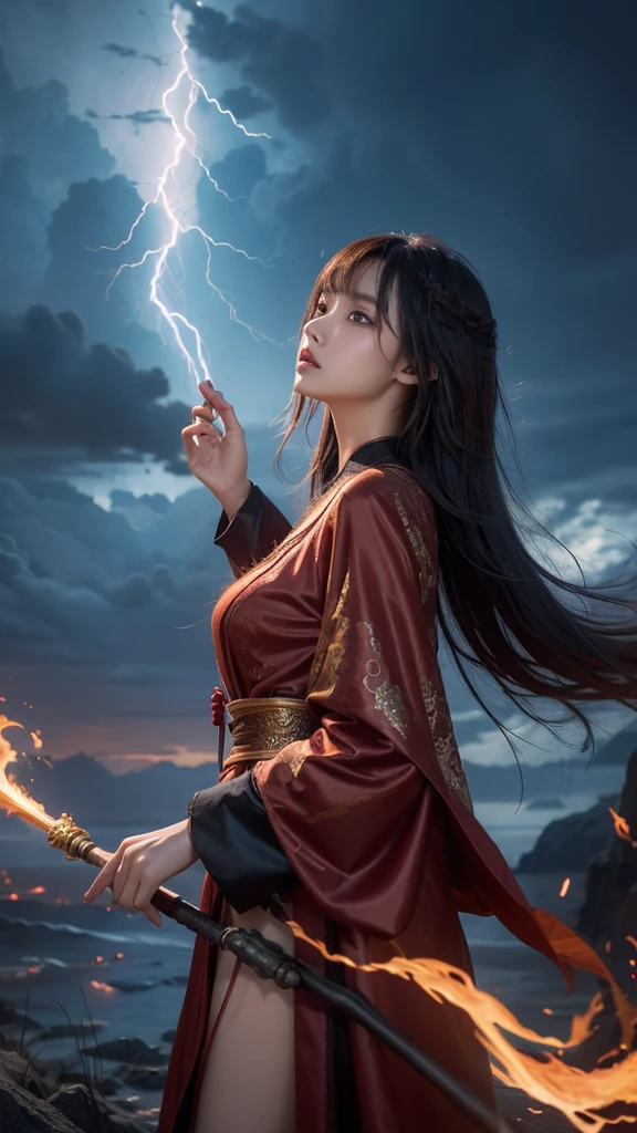 a stunning oriental female mage, sexy, erotic, sensual, long hair with coloured highlights, bangs, wearing sexy mage robes with a clothing cutout, holding a staff aloft in her hand lifted up towards the sky, calling down thunder and lightning from a surreal, stormy sky, with reddish clouds appearing to boil and swirl, spiraling around a black hole. Perfect Composition, realistic photographic image, RAW photo highest quality, viewed from the side
