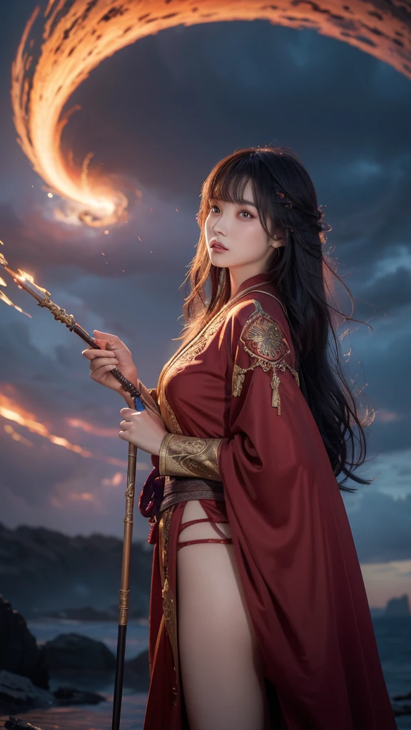 a stunning oriental female mage, sexy, erotic, sensual, long hair with coloured highlights, bangs, wearing  sexy mage robes with a clothing cutout, holding a staff aloft in her hand lifted up towards the sky, calling down thunder and lightning from a surreal, stormy sky, with reddish clouds appearing to boil and swirl, spiraling around a black hole. Perfect Composition, realistic photographic image, RAW photo highest quality, viewed from the side