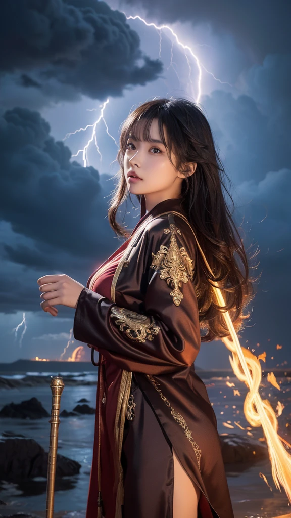 a stunning oriental female mage, sexy, erotic, sensual, long hair with coloured highlights, bangs, wearing sexy mage robes with a clothing cutout, holding a staff aloft in her hand lifted up towards the sky, calling down thunder and lightning from a surreal, stormy sky, with reddish clouds appearing to boil and swirl, spiraling around a black hole. Perfect Composition, realistic photographic image, RAW photo highest quality, viewed from the side
