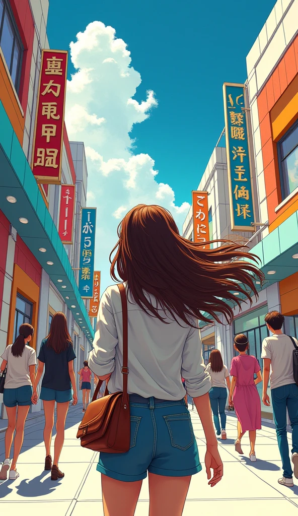 Japanese comic style,In the mall,Shopping,Brown haired woman,((Back))