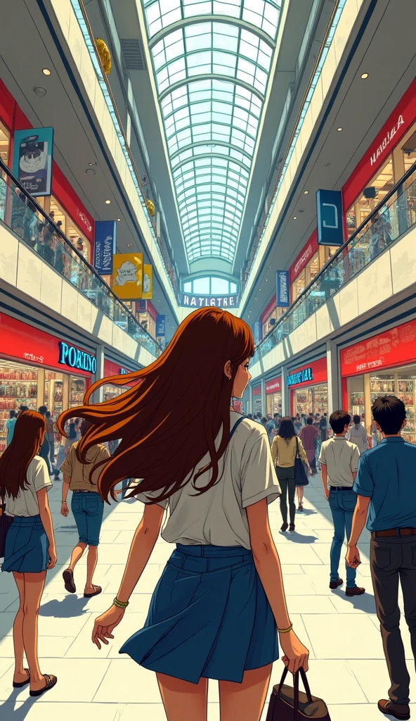Japanese comic style，In the mall，Shopping，Brown haired woman，((Back))