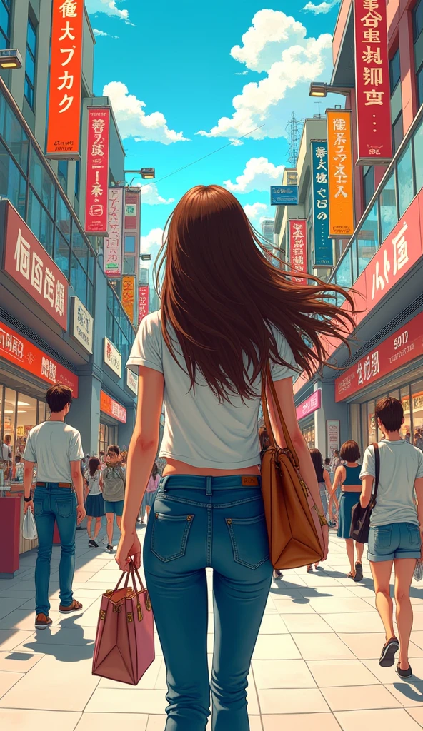 Japanese comic style,In the mall,Shopping,Brown haired woman,((Back))
