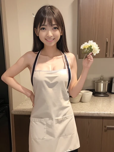 Japanese female, (underweight), (flat chest best quality:1.5), 30 years old, (cheerful grin:1.3),
kitchen, (cooking), straight hair, (naked apron:1.2), cowboy shot, ground-level shot