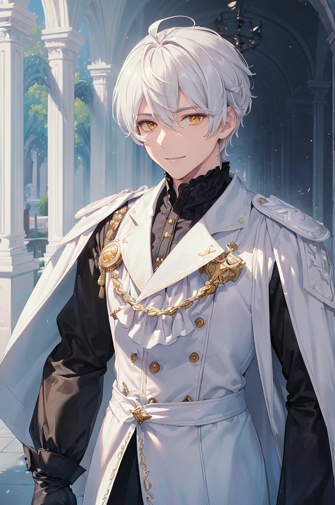 (((masterpiece; best quality: 1.2))), (finely detailed eyes: 1.3), ((1 young man)), ((solo)), (yellow eyes: 1.4), (body shape; lean, masculine, manly: 1.3), (very short white hair: 1.3), (beautiful and clear background: 1.2), ((depth of field)), (equipment: dark-fantasy nobleman attire + white long-sleeve overcoat + black vest + black high-neck shirt + gloves: 1.3), (anime illustration: 1.2), (background composition; palace gardens + day: 1.1), (extremely handsome: 1.1), (shot composition; standing + centered on face + bust close-up: 1.5), (facial expression; calm, smile: 1.2)