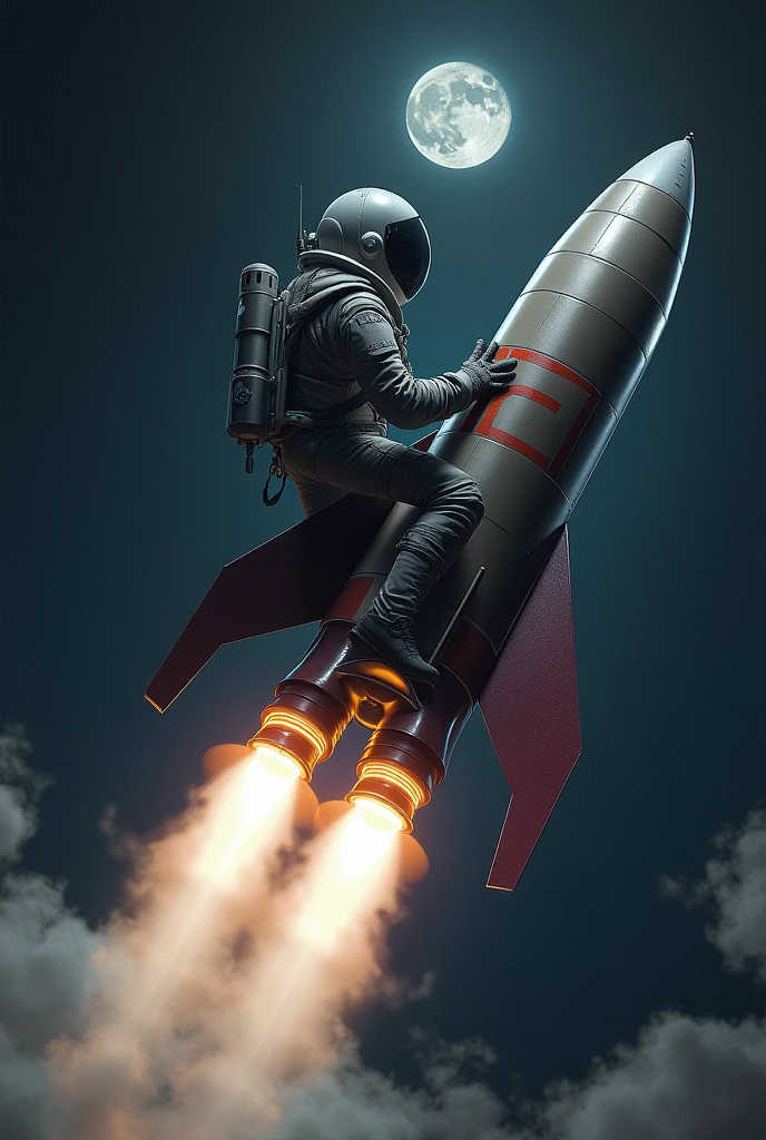 An astronaut riding on top of the Rocket, the Rocket's path towards the moon, Write a text with the phrase bota no 12