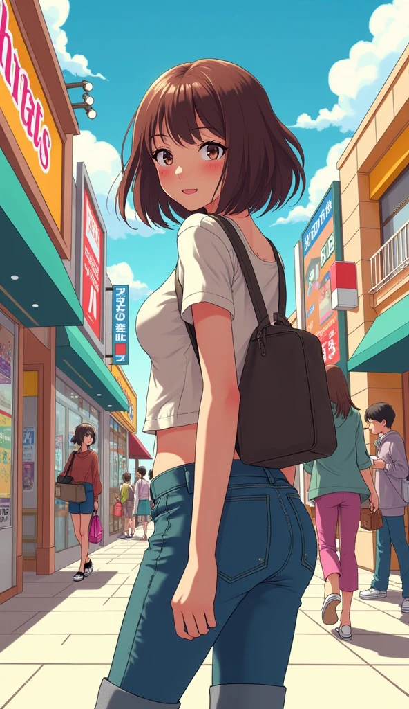 Japanese comic style,In the mall,Shopping,Brown haired woman,((Back)),look back