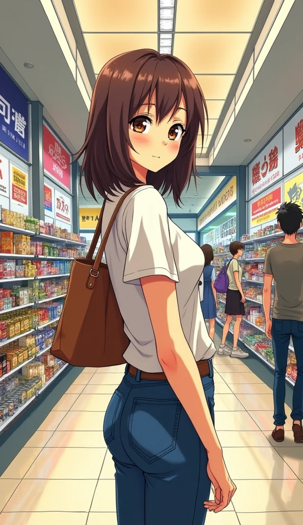Japanese comic style,In the mall,Shopping,Brown haired woman,((Back)),look back