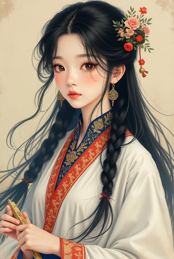 Girl 02, Shooting with Nikon Z7 II mirrorless camera,120mm F/4 Wide angle Girl 02, 1girl in, Solo, Long hair, Looking at Viewer, Black hair, Long sleeves, braid Wearing a white dress、Woman wearing black braid with blue and red pattern on neck, Chen Lu, art nouveau fashion embroidered, Portrait of character, Delaying Americanism、Holding an old map in one hand、 Woman wearing black top and red scarf with red and white design around neck, Chen Ji, art nouveau fashion embroidered, Silkscreen, Shippo Doctrine Highest quality, masutepiece, ultra-detailliert, Cowboy Shot, flowing, 3DMM, ink sketch, color ink, Ink Rendering, Octane Render, pastels, rice paper, 1girl in, Beautiful detailed eyes, (alternate hairstyle), ultra-detailed hair, Graceful, (Charming), (Delicate), Pretty, Cute, Lace dress, The text in the center of the frame, Rhythm, Fantasy, Looking at Viewer,