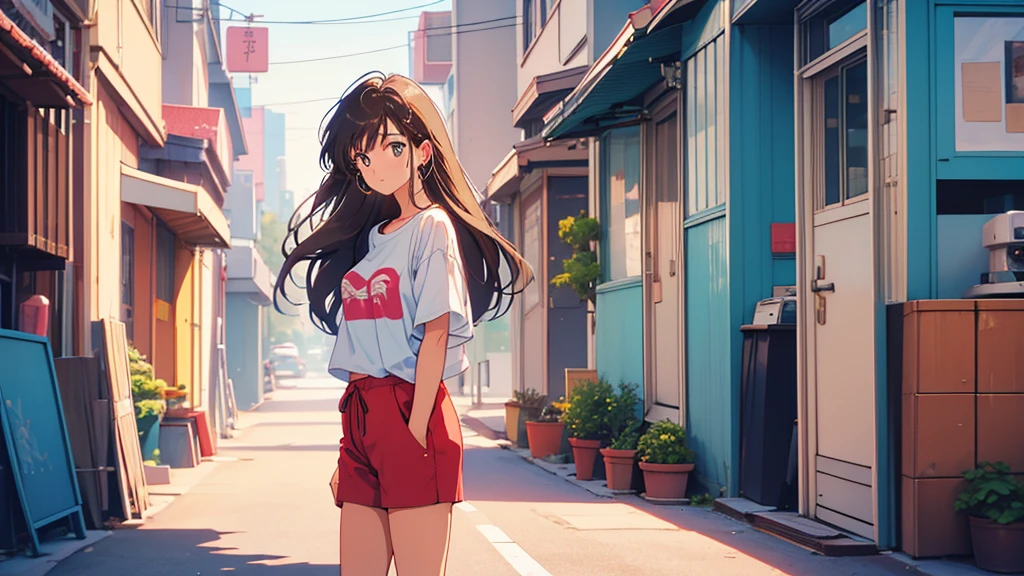 90s city pop vibes。With just a short-sleeved T-shirt、Casual clothing。Highest quality。A beautiful woman with long, straight brown hair。The subject is standing alone.。Dynamic Angle。The background is solid white、Records lined up。Listening to music through headphones。