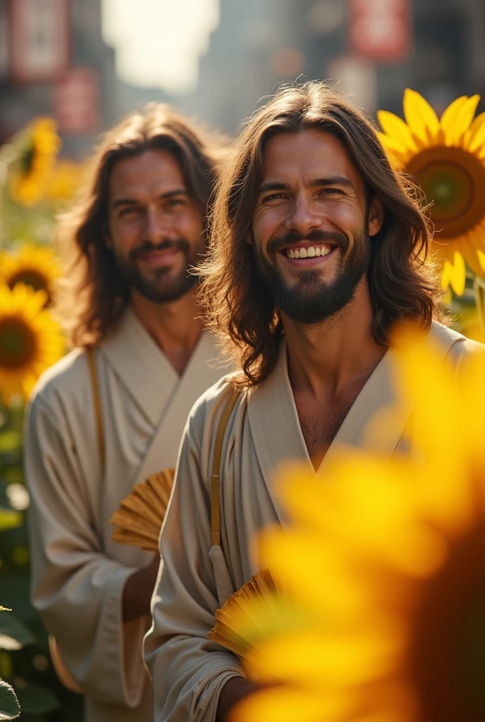 Buddha and Jesus Christ wearing modern clothes and looking at the camera. They have a wise and benevolent face. They are walking through the streets of Kyoto. Old streets of Kyoto. They are smiling happily. they are shining. Surrounded by rainbow-colored light. Jesus of Nazareth is depicted as a gentle, gentle man with shoulder-length hair. His wavy brown hair flows over his shoulders. His captivating hazel eyes convey deep wisdom and empathy, radiating warmth and understanding. In Japanese, Buddha is depicted as a kind-hearted person with a shaved head and a gentle and cheerful expression. His captivating dark eyes convey deep wisdom and empathy, radiating warmth and understanding. They are wearing yukata and holding fans. sunflowers, summer, macro photography, close-up, highly detailed, trend at art station, sharp focus, studio shot, intricate details, Greg Rutkowski,