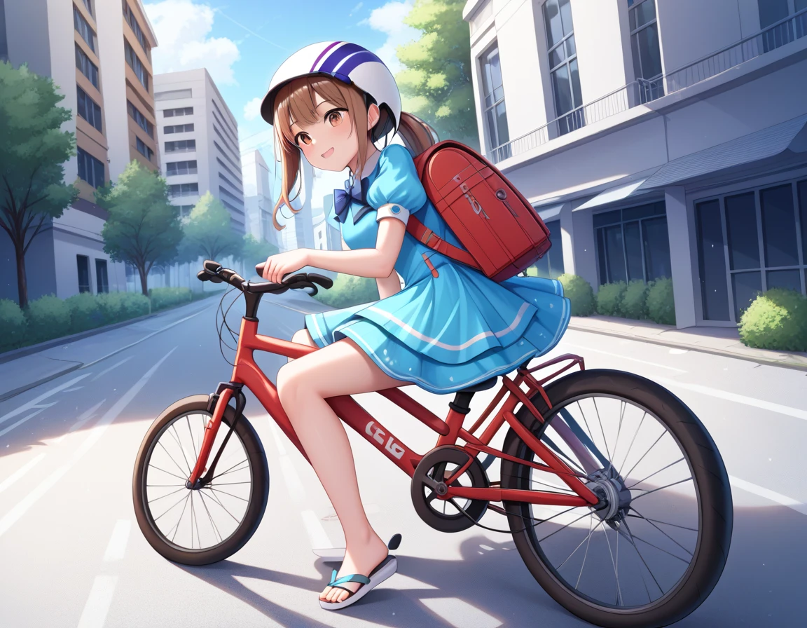 Masterpiece, hd, best quality, detailed, 1girl, brown hair, wearing cycling helmet, wearing dress, cute dress, colorful dress, summer dress, bowtie, puffy sleeves, short sleeves, wearing school backpack, red backpack, wearing sandals, fullbody, riding a bicycle, bicycle, streets, city