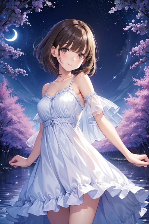 (masterpiece、Highest quality、8k、High resolution)、1 female、(Beautiful Face、Beautiful Face)、Beautiful Eyes、Beautiful Lips、Beautiful Nose、Brownish black hair、(The best girl in anime)、Grassland with a forest view、A bright night with the stars clearly visible、full moon、milky way、Mysterious light particles from the whole body、Colorful light particles、A mysterious light shining around your head、melt、jewelry、necklace、dress、(Beautiful full body style)、Highly detailed anime art、A complete portrayal、