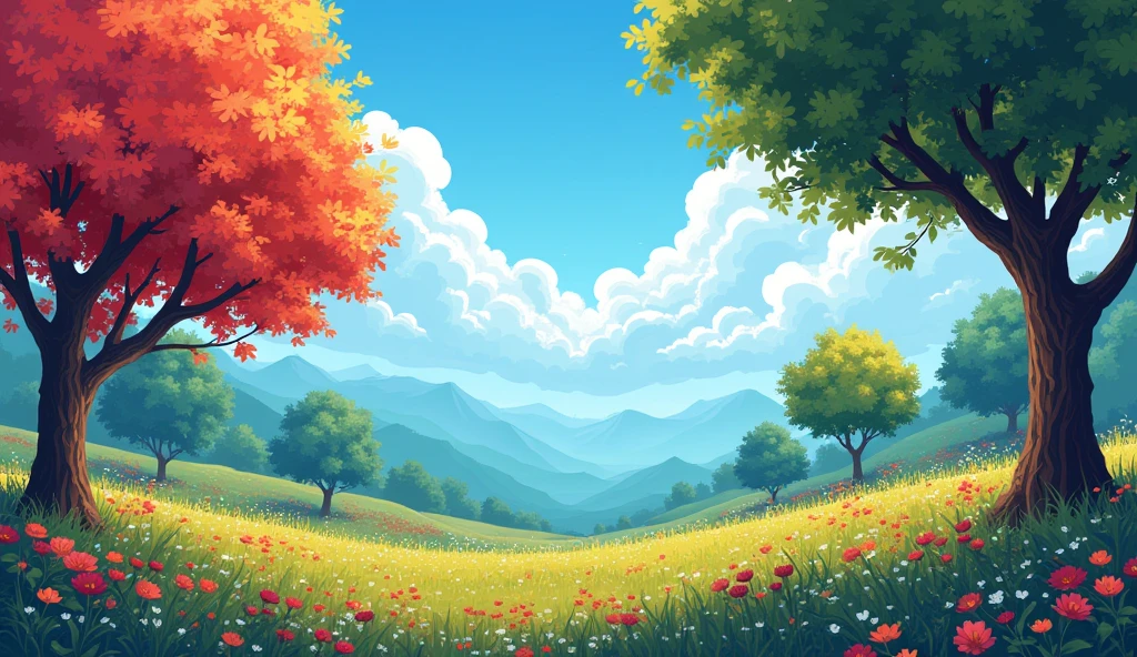 In the midst of colorful nature、Some trees々It is expressed like a pixel.、A mix of games and reality、Exciting game background images