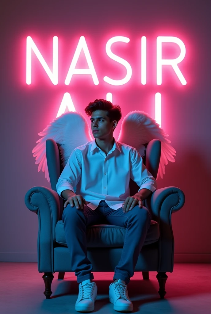 Create a 3d illusion a profile picture where a 23 year old cute boy in a white shirte sitting casually on a wingback chair.sneakers,he looks ahead.The background features"NASIR Ali"in big and capital sky neon light fonts on the drak grey wall.There should not be his shadow, and there are wing to make it appear as if he is an angel