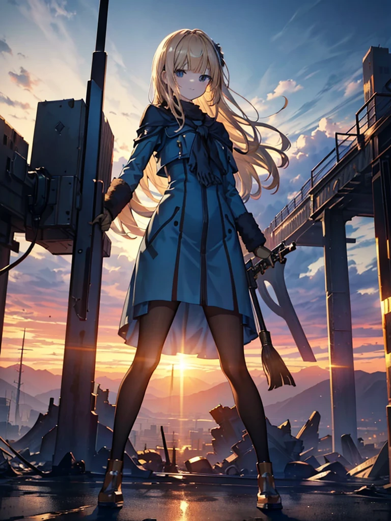 (masterpiece:1.2, Highest quality),(Colored Background) (Beautiful attention to detail: 1.2), (Highly detailed CG Unity 8K wallpapers, masterpiece, Highest quality, Very detailed, Best Shadow), (Detailed Background) ,arms(With a long stick),alone ,1 Robot. Cityscape, building, Skyline, sunset, Silhouette against a cloud background, meditation. Watching the beautiful sunset, sunset時に, sunset時, sunsetとともに, In the sunset, Nice views, Sunset view, With the sunset, sunset時に, During Golden Hour, looking sunset時に, Sunset in the background, Watching the sunset, In the spotlight, holding_gun, assault_rifle, Very detailed, Brown Hair, Long Hair, Anime Style, whole body, alone, Stylish Gunfighter Girl, Holding a steampunk long barrel pistol,Standing in the wasteland, 8K high resolution, White Background, The background is a dark and desolate landscape, Horror movie atmosphere. Her figure is very beautiful, Emphasizing the dark and crazy elements. Skillfully expressing the effects of light and shadow,